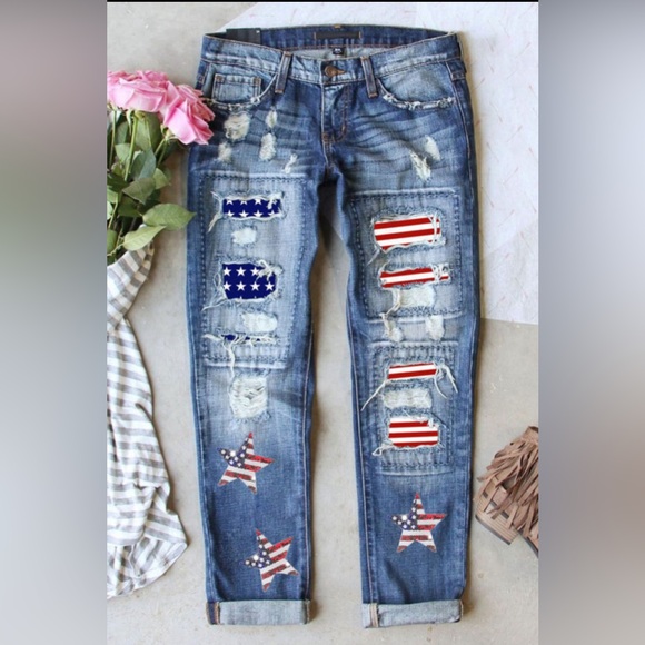 Denim - Sequin Star Patriotic Patch Distressed Denim Jeans